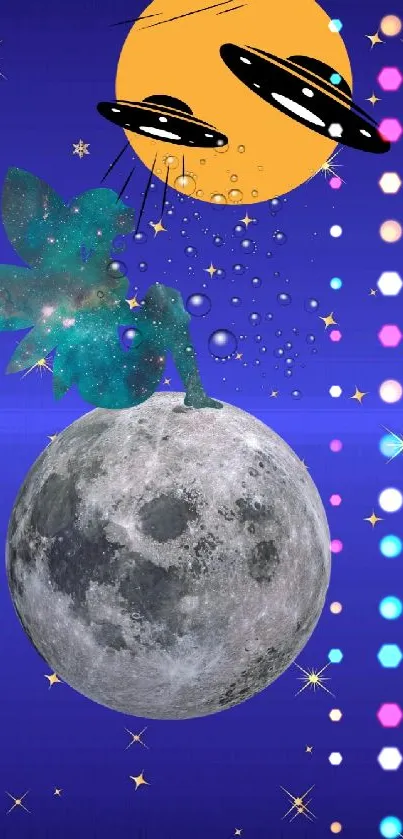 Wallpaper featuring a cosmic fairy sitting on a moon with UFOs in a starry sky.