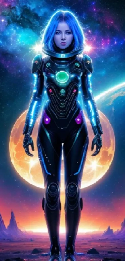 Futuristic warrior in space with vibrant colors.