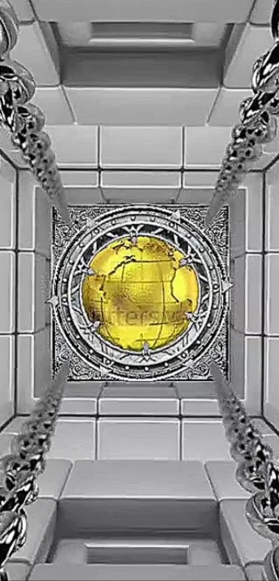 Futuristic wallpaper with chain tunnel and yellow glowing sphere.