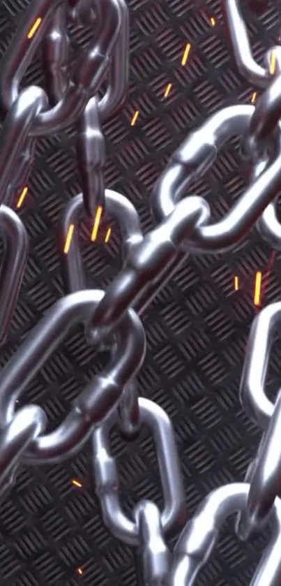 Dynamic metallic chain with sparks on dark background.