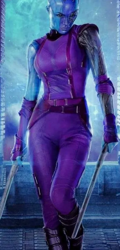 Futuristic female warrior in a purple suit standing in a dynamic pose.