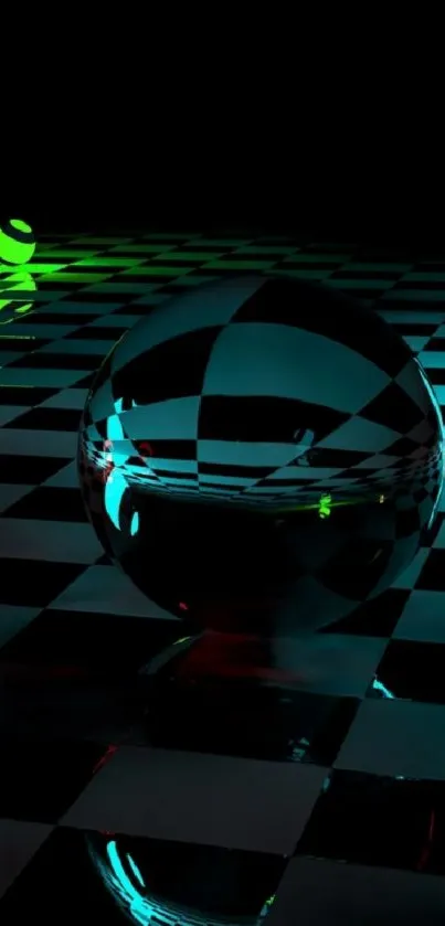 Futuristic checkerboard with neon sphere mobile wallpaper.