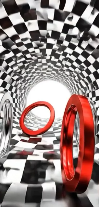 3D checkered tunnel with red and silver rings.