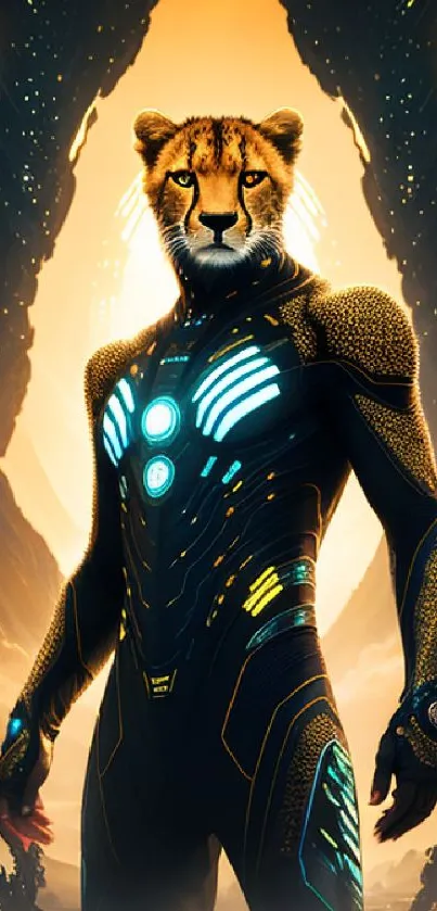 Futuristic cheetah superhero with neon highlights set against a sci-fi landscape at sunset.