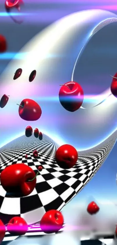 Futuristic wallpaper with floating cherries over a checkered path.