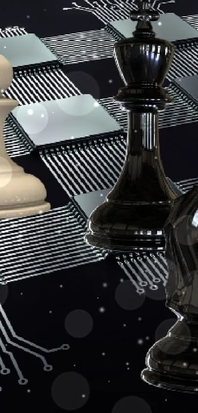 Futuristic chessboard with digital circuits and chess pieces.