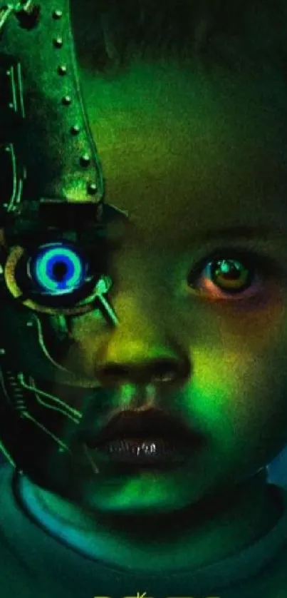 A child with a half-cyborg face in vibrant green and blue hues, futuristic art.