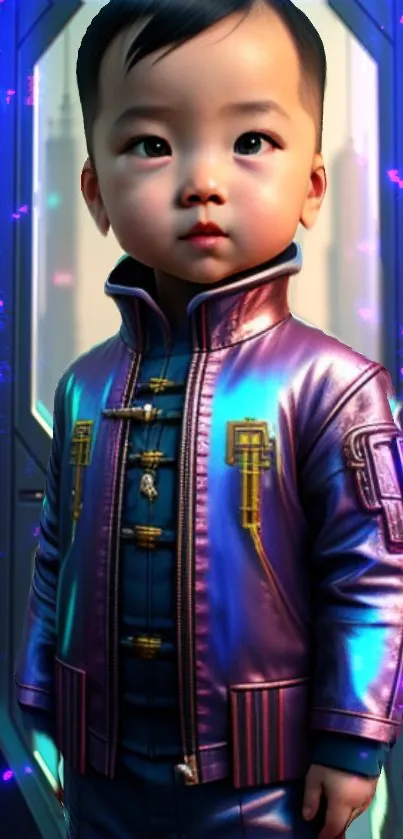 Futuristic child in neon jacket with city backdrop.