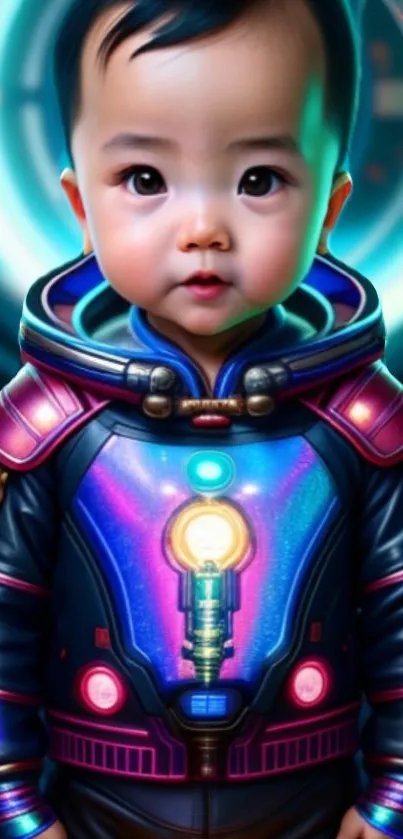 Futuristic child in neon spacesuit mobile wallpaper.