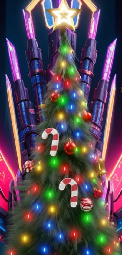 Futuristic Christmas tree with neon lights and candy canes.