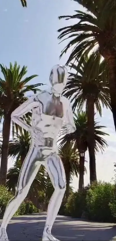 Futuristic chrome figure amidst tall palm trees.