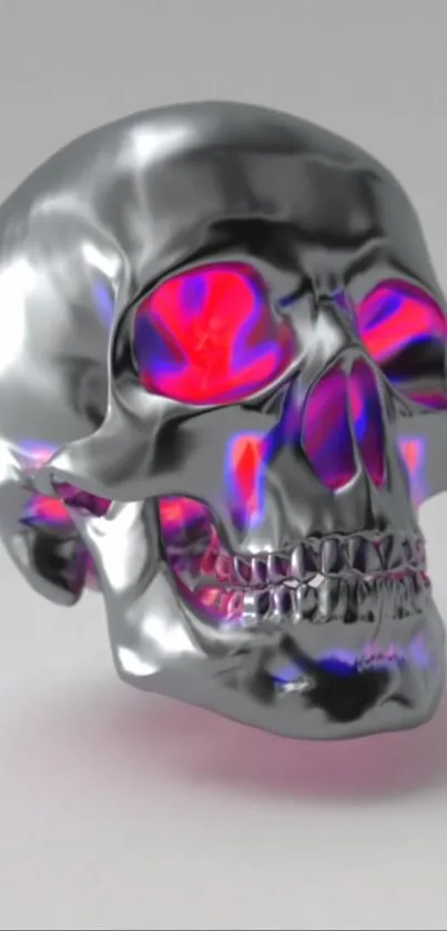 Futuristic chrome skull with neon highlights in vibrant colors.