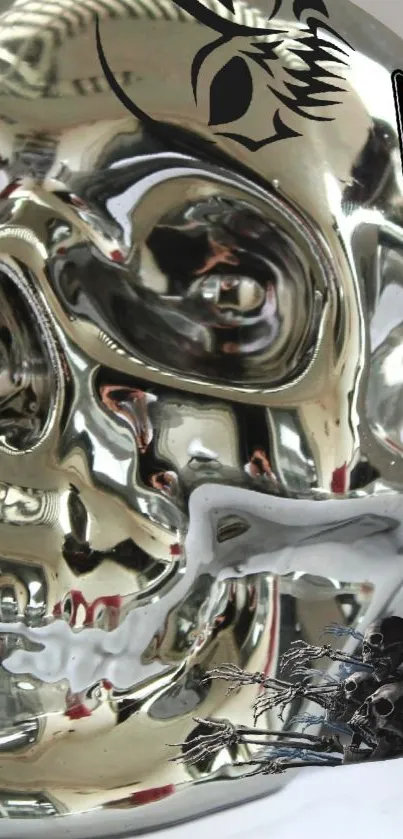 Futuristic chrome skull with graphic accents on a reflective background.