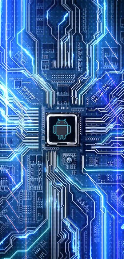 Futuristic Android circuit board wallpaper with neon blue patterns.