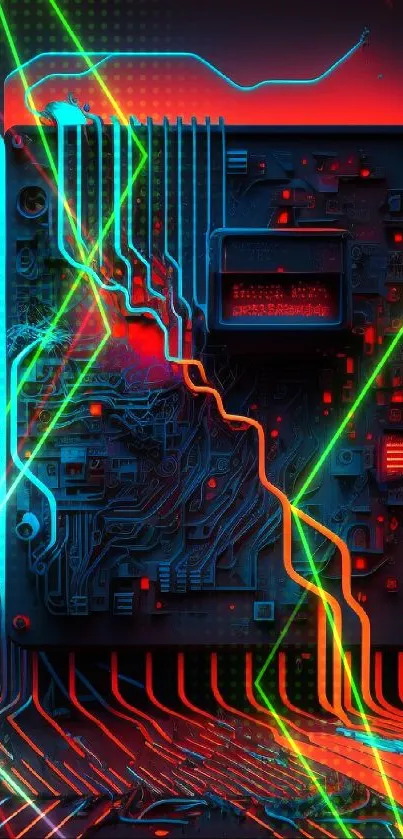 Futuristic neon circuit board with blue and red elements.