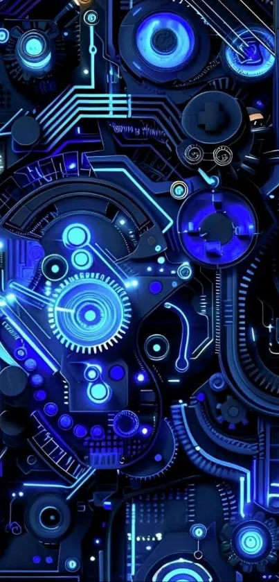 Futuristic circuit board with blue glowing lights on a mobile wallpaper.