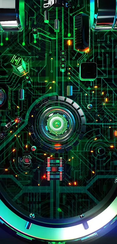 Futuristic circuit board wallpaper with cyberpunk design and vibrant green hues.