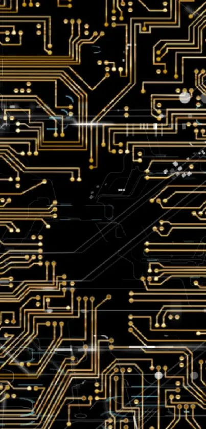 Futuristic circuit board wallpaper with golden lines on black background.