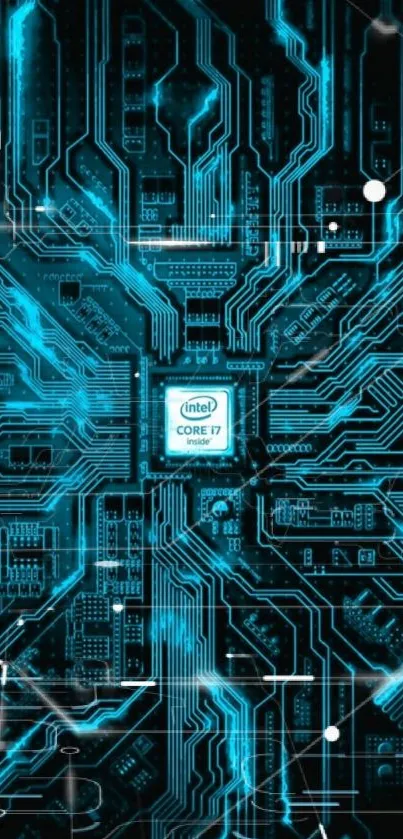 Futuristic circuit board design with a blue glow highlighting an Intel Core i7.