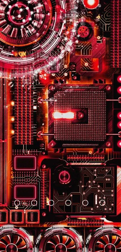 Futuristic red circuit board wallpaper art.