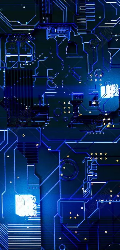 Futuristic blue circuit board wallpaper design.