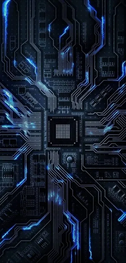 Futuristic circuit board wallpaper with glowing blue accents.