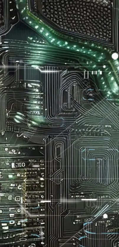 Close-up of a futuristic circuit board design wallpaper.