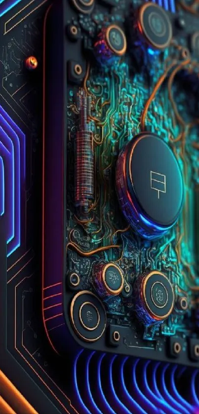 Futuristic circuit board with neon blue and orange highlights on a mobile wallpaper.