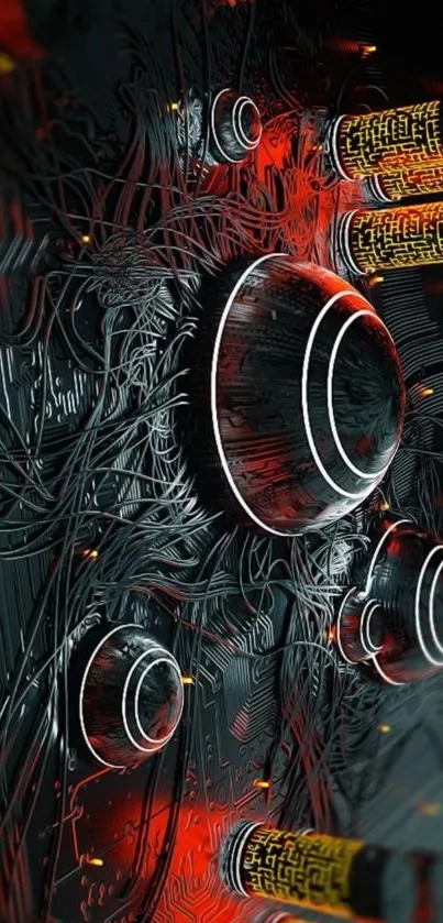 Futuristic circuit board with red highlights and intricate details.