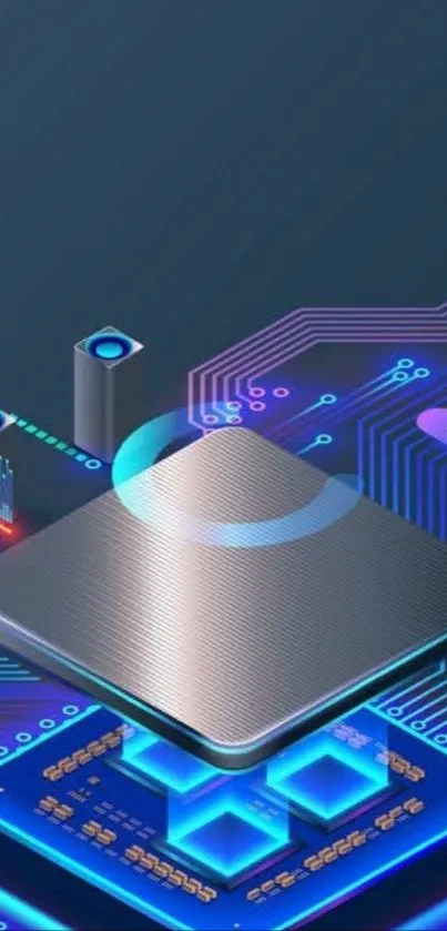 Futuristic circuit board with neon elements and glowing chips.
