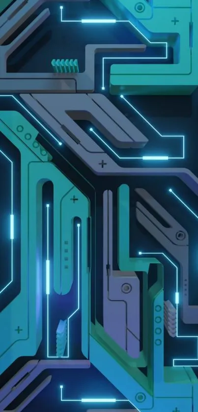 Futuristic circuit board design with a neon glow and technological elements.