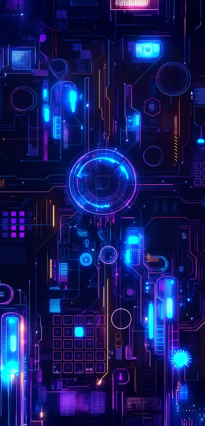 Futuristic neon circuit board design in blue and purple hues.