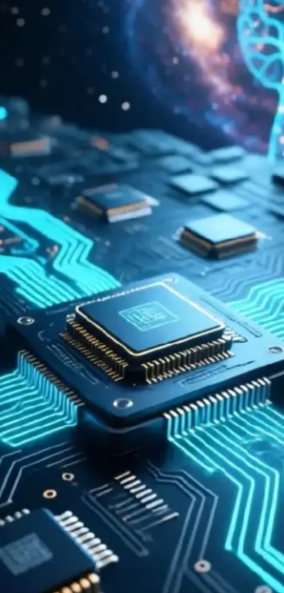 Futuristic circuit board with glowing elements and cosmic background.