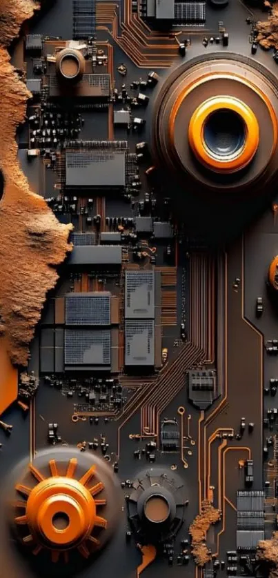 Futuristic circuit board design with orange highlights and intricate patterns.