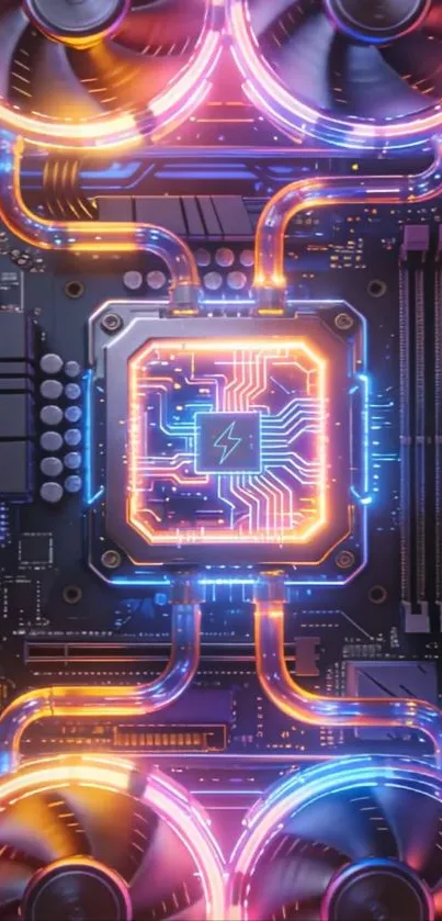 Neon-infused circuit board mobile wallpaper.