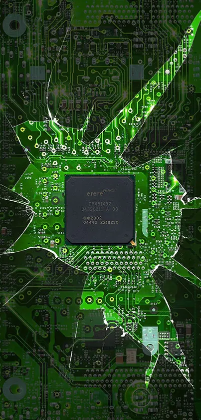 Green shattered circuit board wallpaper for mobile phones.