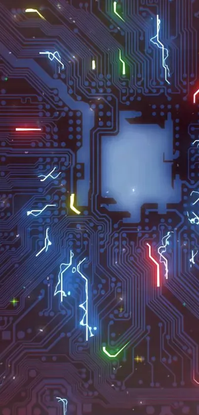 Futuristic neon circuit board wallpaper.