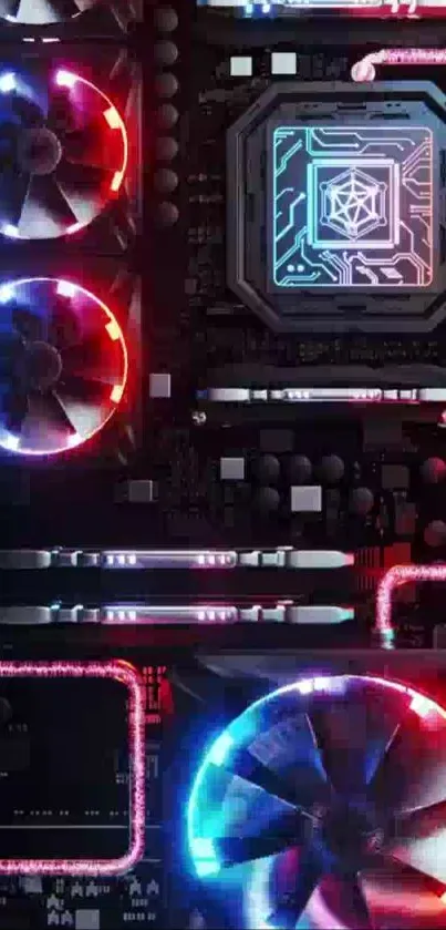 Futuristic circuit board wallpaper with neon lights in red and blue.