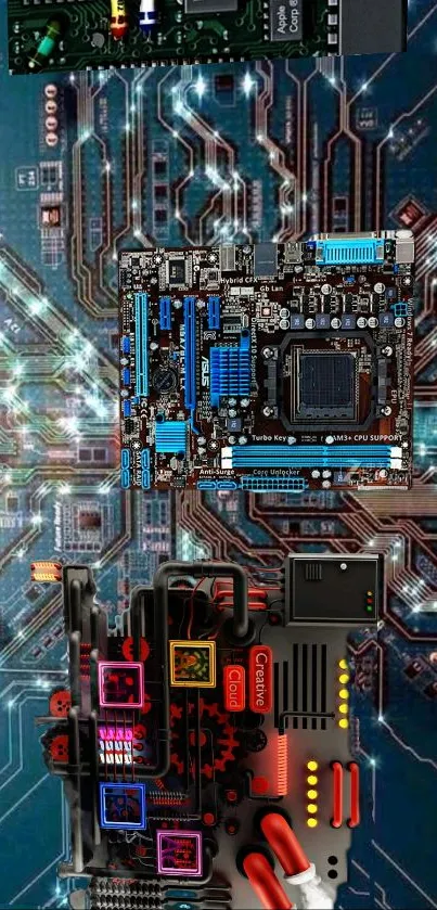 Futuristic circuit board wallpaper with digital patterns in blue hues.