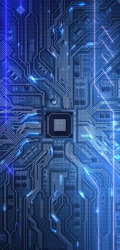 Futuristic circuit board with blue glowing lines design.