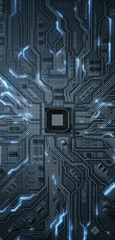 A dark gray circuit board with vibrant blue accents for a techy wallpaper.