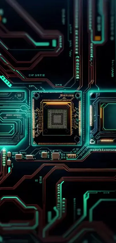 Futuristic circuit board mobile wallpaper with glowing digital patterns.