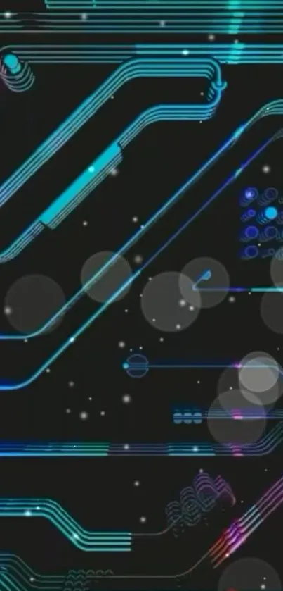 Neon circuit board design with abstract patterns and lights.