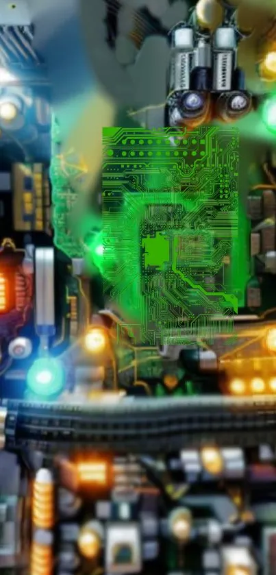 Futuristic circuit board wallpaper with vibrant green hues, ideal for tech lovers.