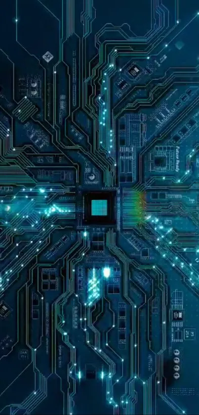 Futuristic blue circuit board design wallpaper.