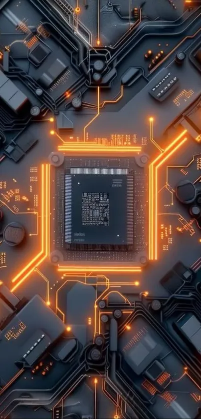 Futuristic circuit board with glowing orange accents, perfect for tech enthusiasts.