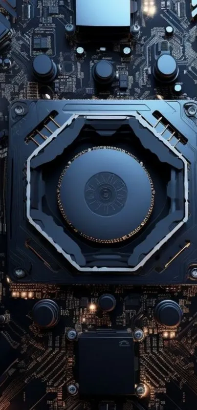 Detailed circuit board with central processing unit.