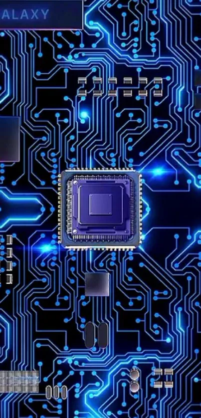 Futuristic blue neon circuit board design for phone wallpaper.