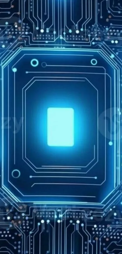 Futuristic circuit board wallpaper with blue neon lights.