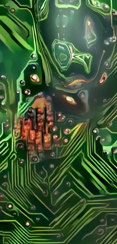 Futuristic circuit board design in green hues.